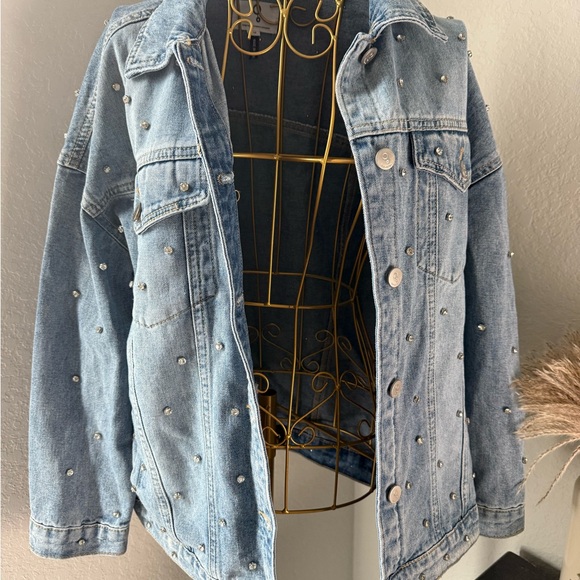 Women's Light Blue Denim Jacket with Rhinestone Stud Details - Picture 4 of 15